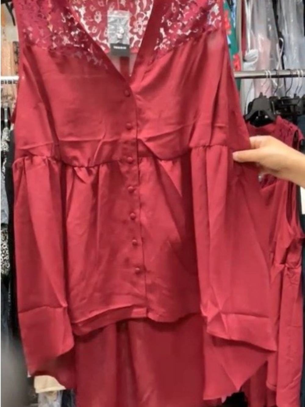 Torrid cranberry-red Lace Yoke Button-Down hi-Lo Blouse